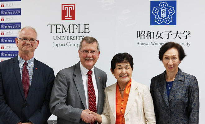 Photo of Dean Bruce Stronach, President Richard Englert, Chancellor Mariko Bando and President Tomoko Kaneko