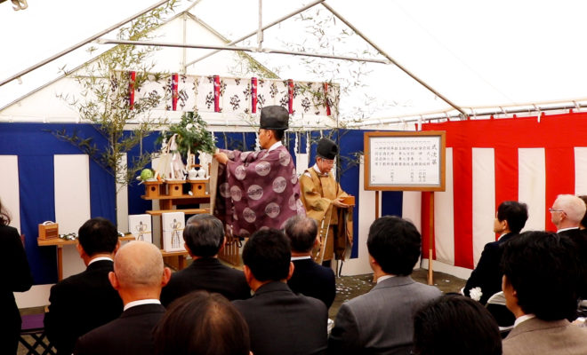 Two Shinto Priest performing the Jichinsai ceremony.