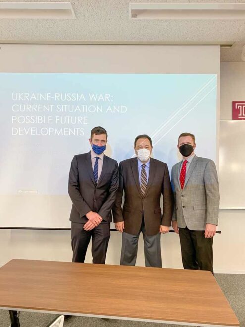 A group photo of Associate Professor Brown (left), Sergiy Korsunsky (middle) and Dean Wilson (right).