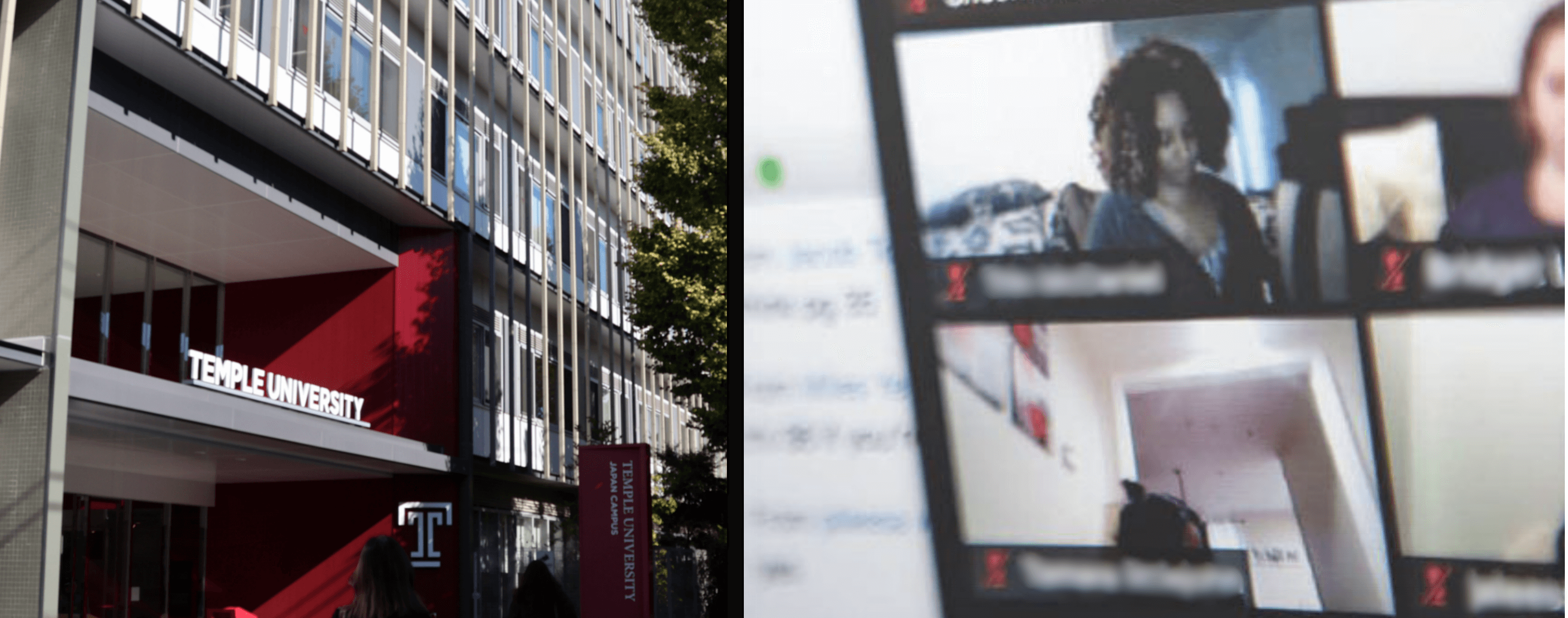 Image of TUJ's main entrance in Setagaya-ku, Tokyo (left) and image of an online class (right).